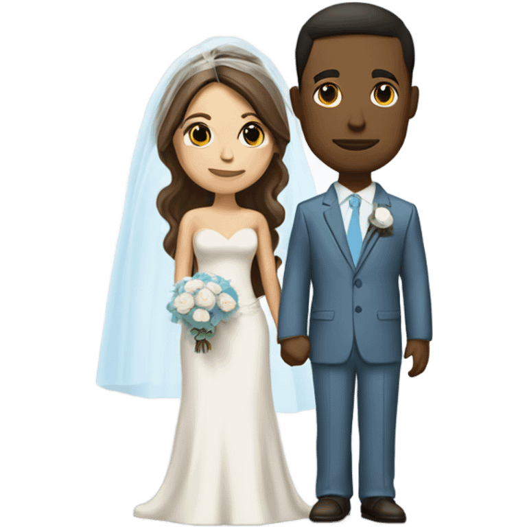 grown bride have short brown, she is wearing a long veil and is holding a white rose bouquet. The grown groom have also brown hair and is wearing a cream suit with a sky blue tie and breast pocket with a boutonniere emoji