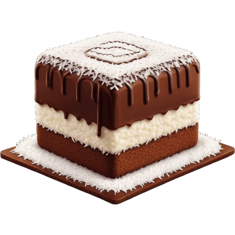 Lamington Cinematic Realistic Lamington Dessert Emoji, depicted as a sponge cake square coated in chocolate and dusted with coconut on all sides, rendered with lifelike textures and vibrant, tropical lighting. emoji