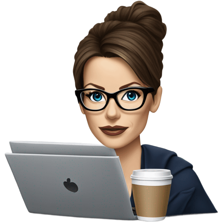 Hyper Realistic Kate Beckinsale dark blue eyes wearing glasses drinking coffee at a laptop  emoji