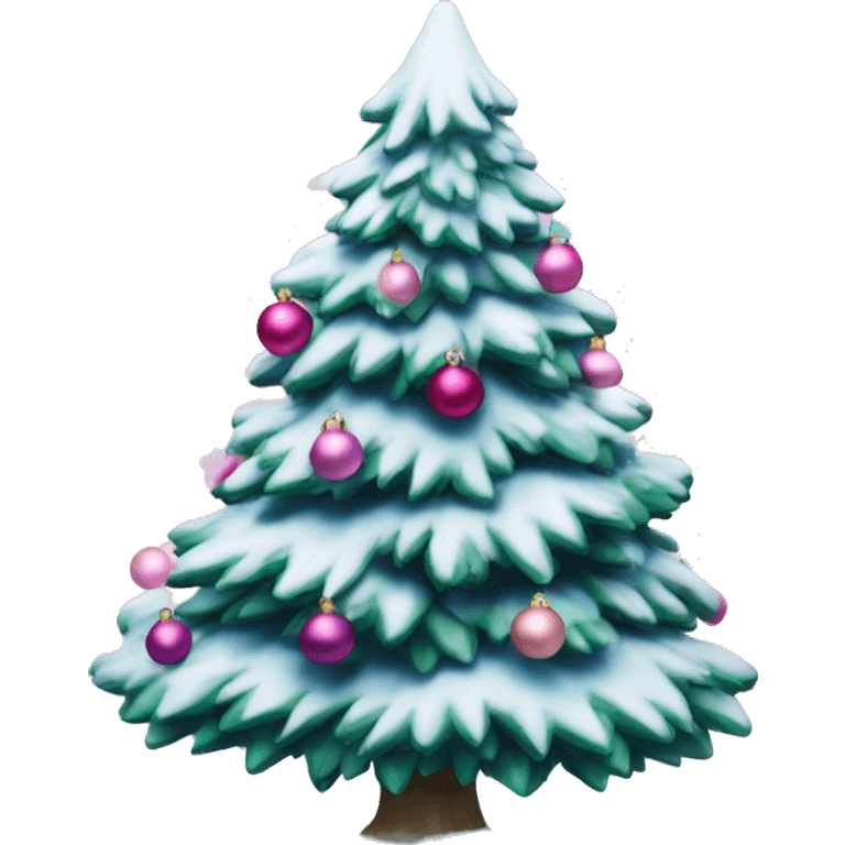 Christmas tree with snow on it and blue and pink ornaments emoji