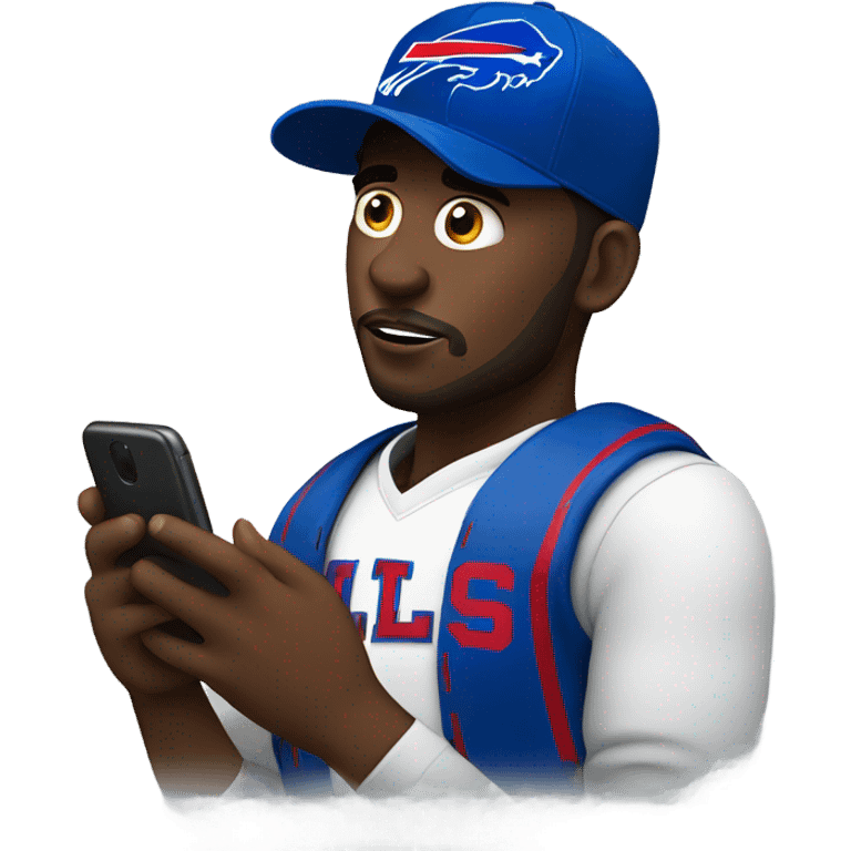 Black man with a buffalo bills hat on staring at his phone emoji