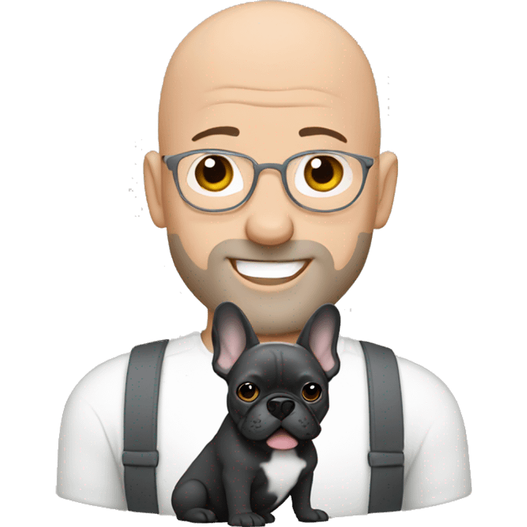 Bald man holding dark grey french bulldog  emoji