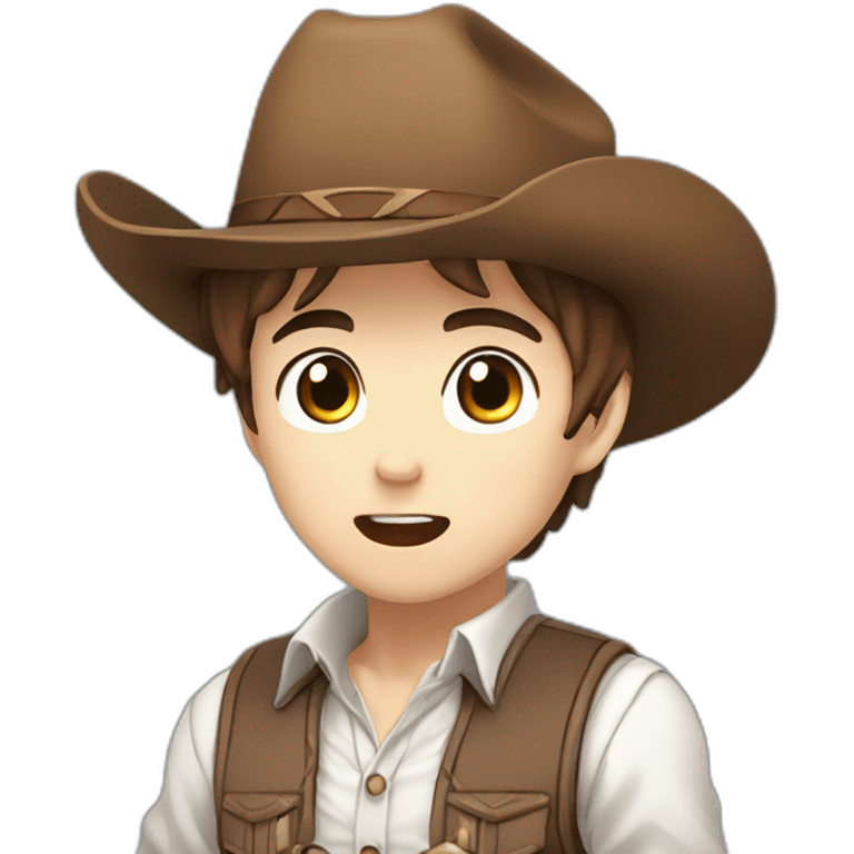 Young male cowboy with brown hair and brown eyes, wearing a white shirt with a blue vest and a brown cowboy hat, anime chibi style, surprised, mouth open emoji