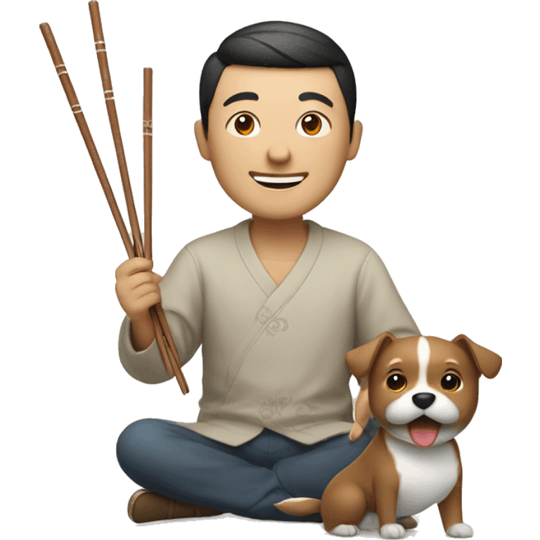 Chinese man with chopsticks smiling with dog emoji