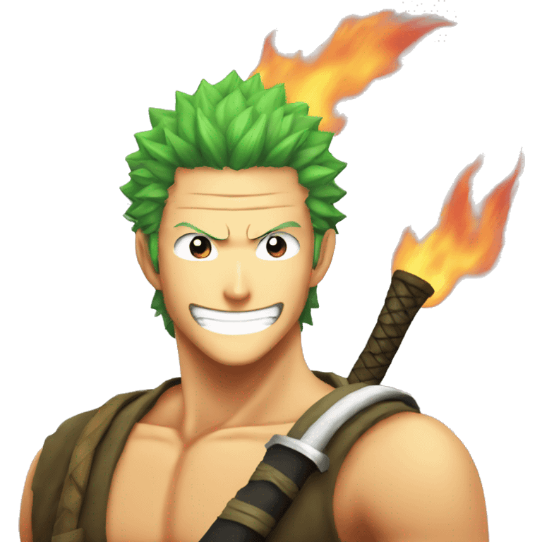 fire emoji with roronoa zoro smiling emoji