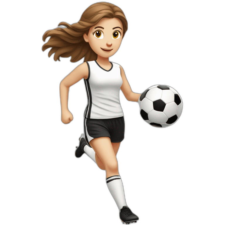 Caucasian girl with brown long hair running with a soccer ball wearing White short and black shorts emoji