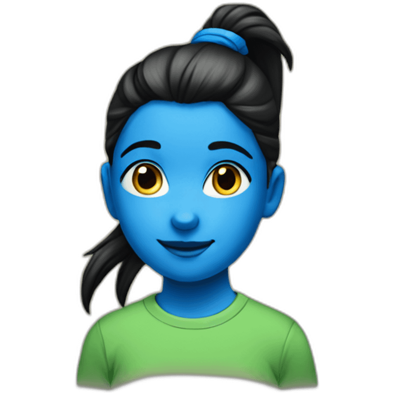 11 years old girl’s portrait with black pony tail and blue t shirt  emoji