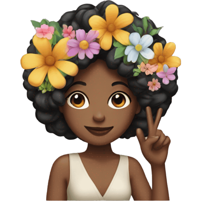 a black hair woman with a peace sign and flowers on her hair emoji