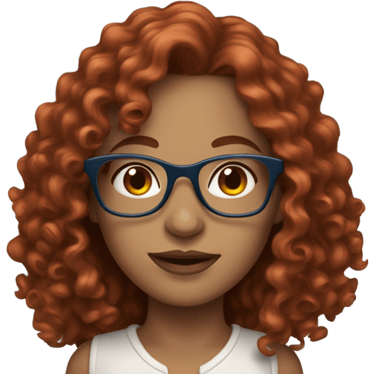 beautiful woman with dark long curly red hair, blue eyes and glasses emoji