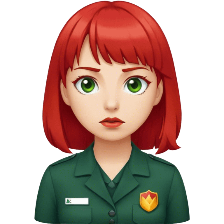 Woman with red bangs dark green work dress  and work badge  emoji