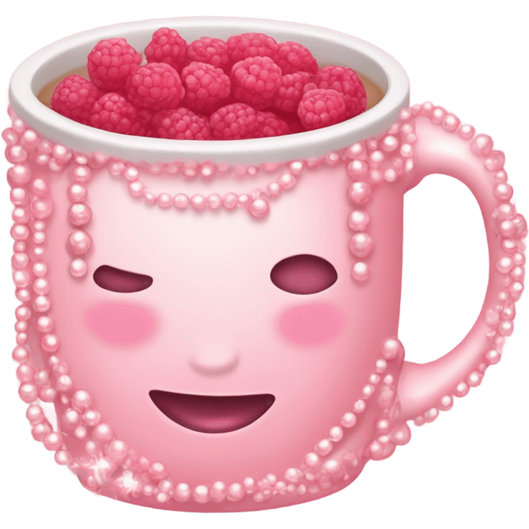 soft pink mug filled with steaming hot raspberry tea, decorated with blush pink pearl and sparkly embellishments (aesthetic, cute) emoji