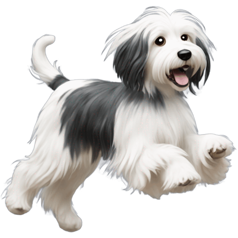 Create an emoji of a Tibetan terrier who is black and white running and playing with snowflakes emoji