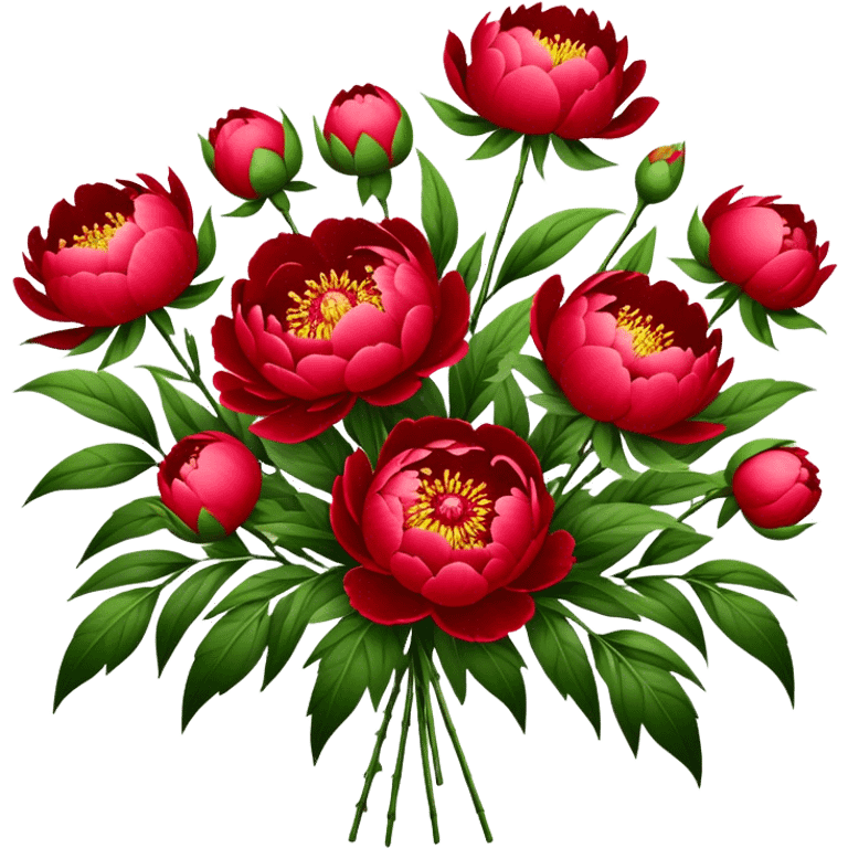 big bouquet Red Peony, luxuriant, stem, leaf emoji