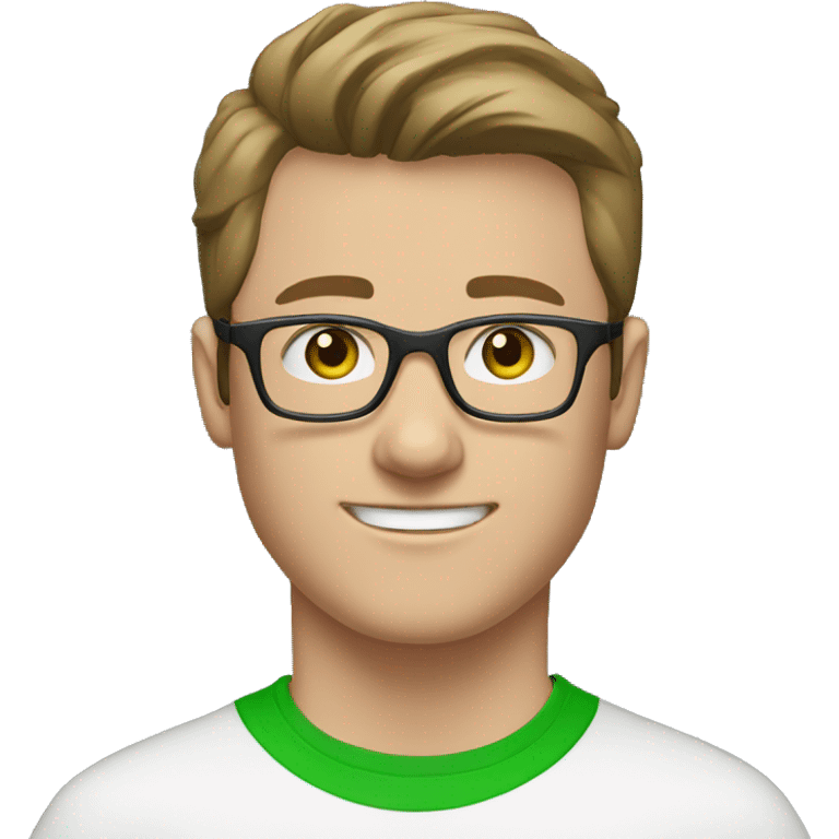 white young man with blue eyes and brown hair and square glasses wearing green t-shirt with headset emoji