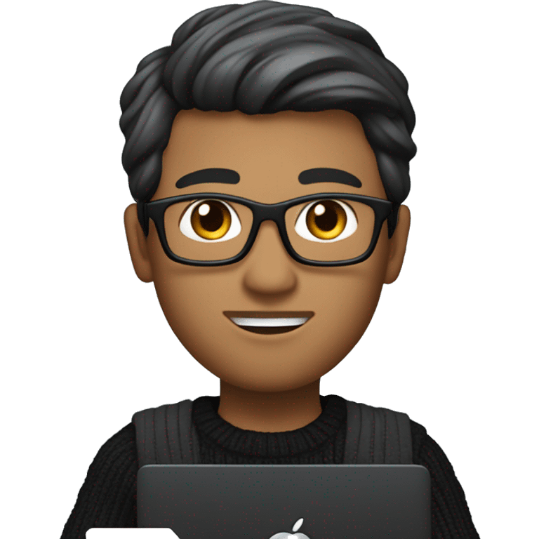 memoji of a Vietnam man with a laptop in front, apple-style, modern, back hair, black sweater, computer in hand, sites on a desk emoji