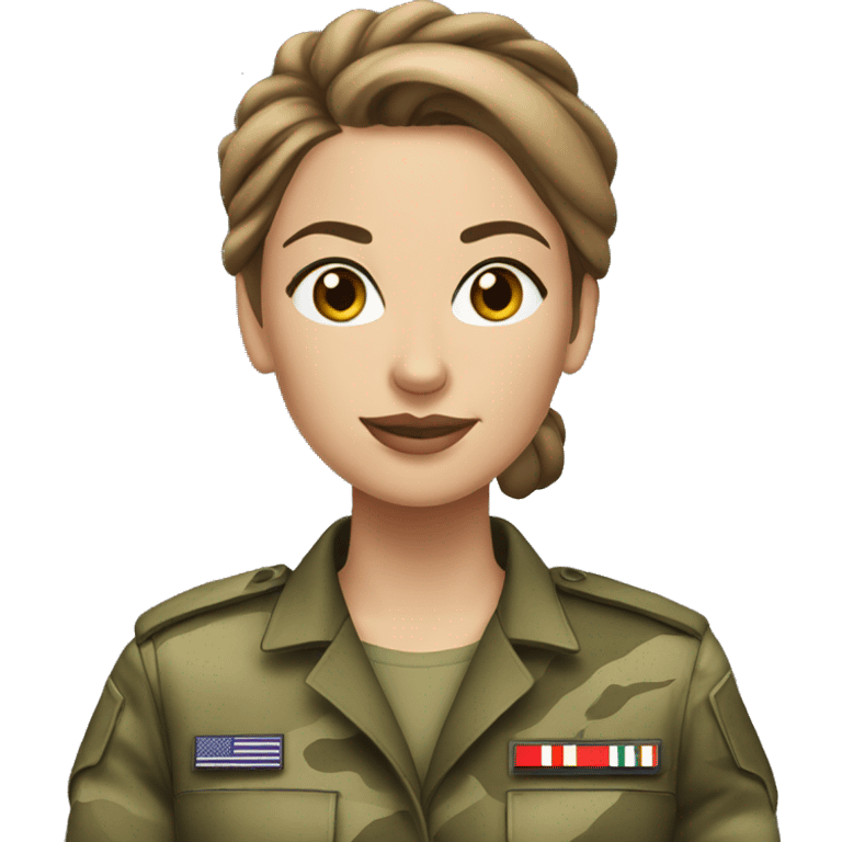 White Woman in camo military uniform , brown hair, hair bun emoji