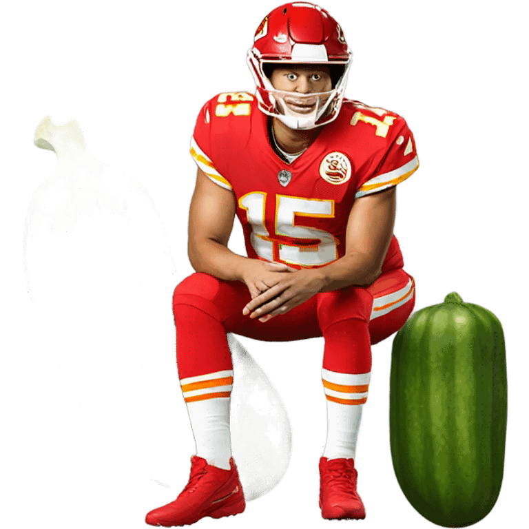 Patrick Mahomes riding a pickle emoji