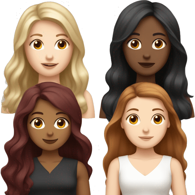 three WHITE girls. one lighter brown hair, one dark blackish hair, one burgundy red hair. olive skin, pale skin, paler skin. ALL WHITE long hair down emoji