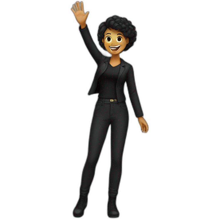 Woman waving hand with happy face in black clothes  emoji