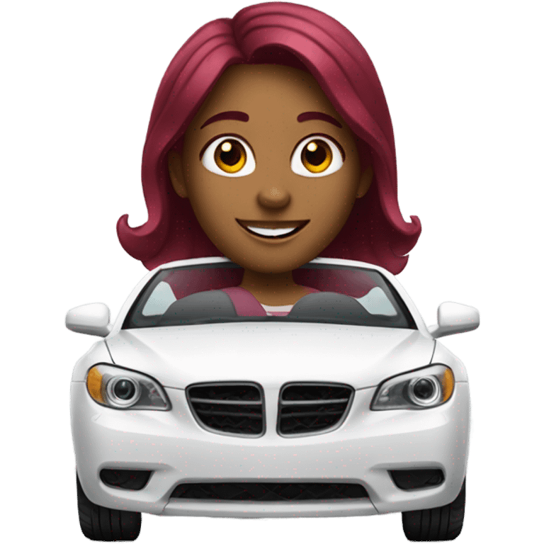 White car with a burgundy haired girl driving emoji