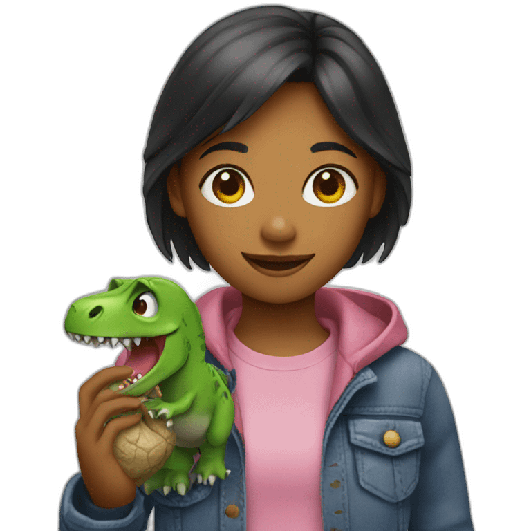 Girl holding a dinosaur emoji