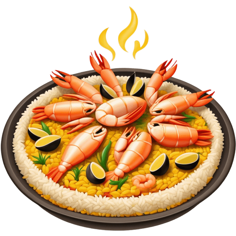 Cinematic Realistic Paella Dish Emoji, depicted as a vibrant, aromatic rice dish loaded with seafood, chicken, and saffron rendered with rich textures and dynamic, warm lighting. emoji