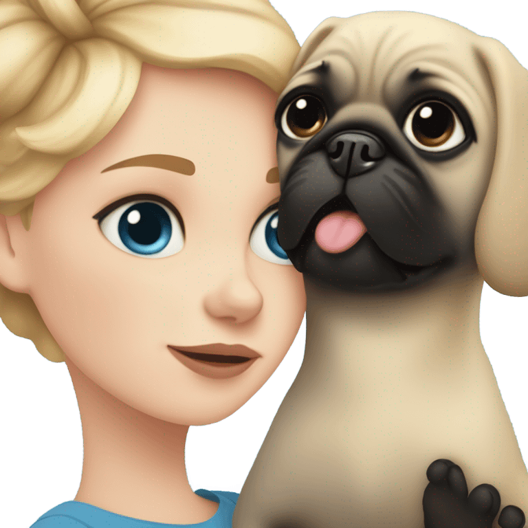 Girl with wavy blonde hair and blue eyes, kissing a black pug emoji