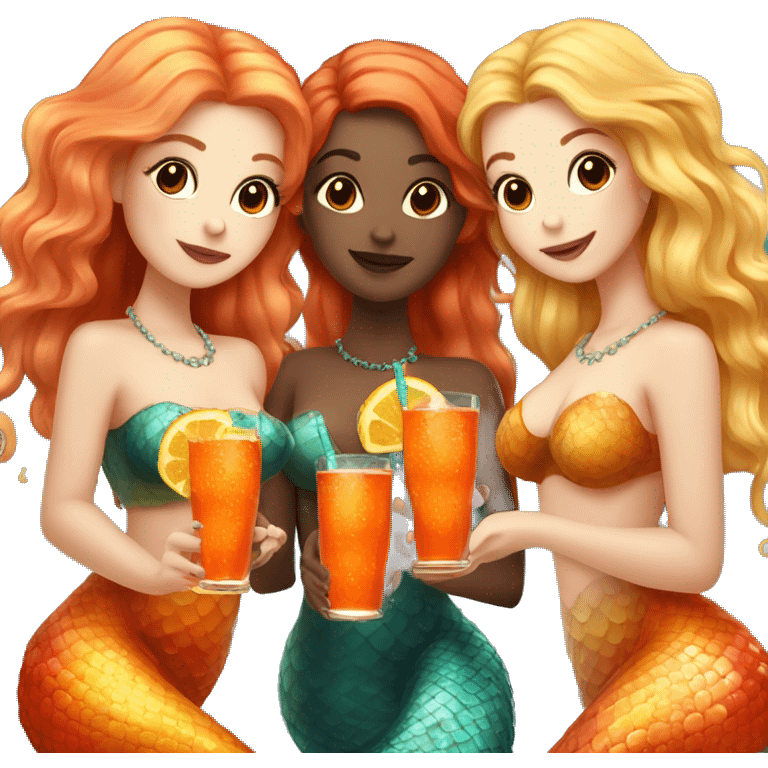 Three beautiful mermaids (light skin) drinking aperol emoji