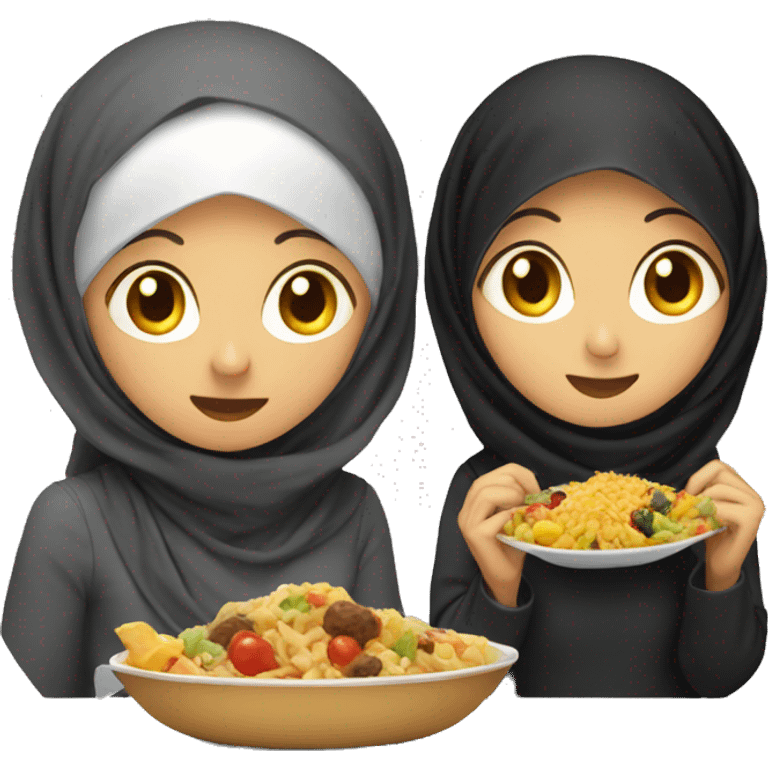 2 women, one with hijab, eating food emoji