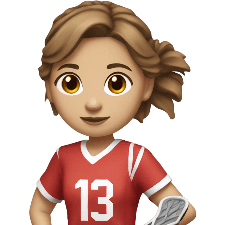 Lacrosse player girl with lacrosse stick brown hair light skin red number 13 jersey  emoji