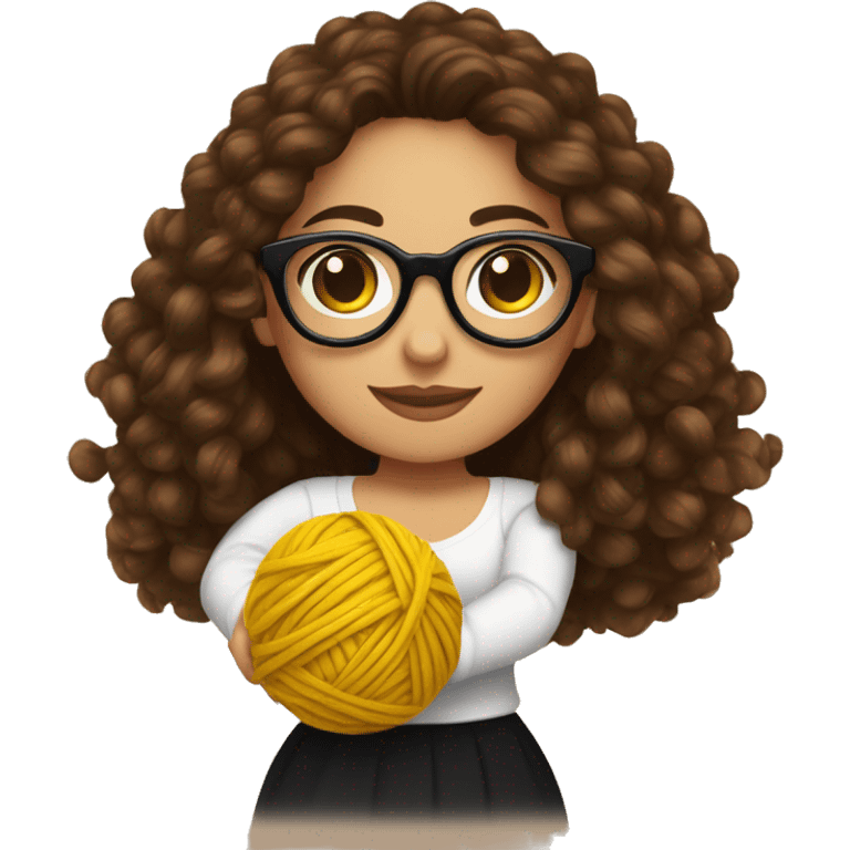 very pretty Hispanic woman that has long brown curly hair holding one ball of yarn with both hands wearing a black shirt and black glasses emoji