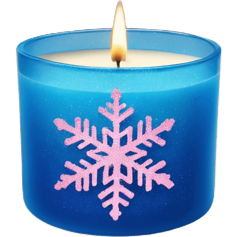 Realistic blue glass 3 wick candle with wicks lit and a light pink glitter snowflake as the label on outside of candle emoji