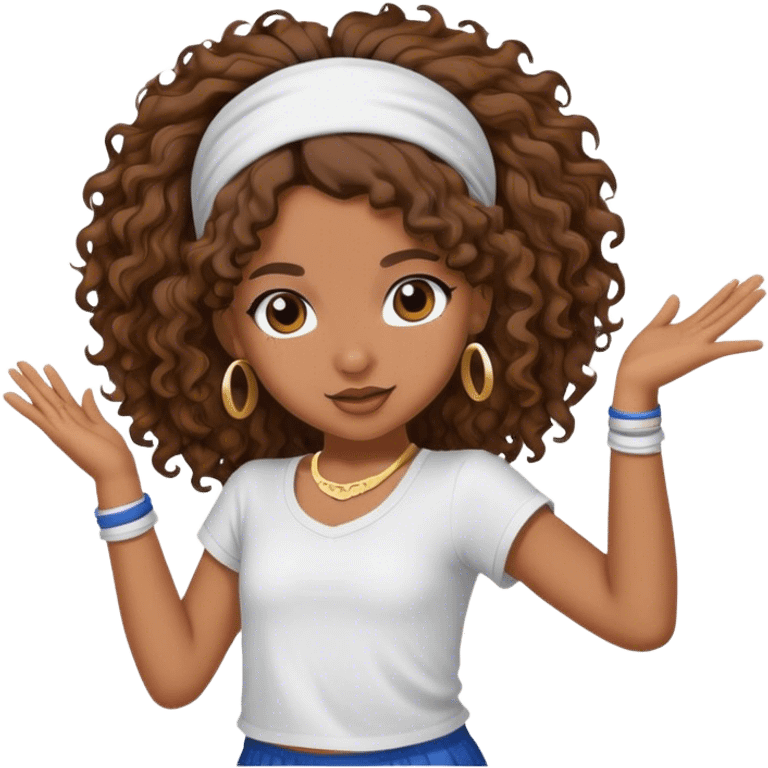 Dancing brown girl with long darn brown curly hair with headband hip hop emoji