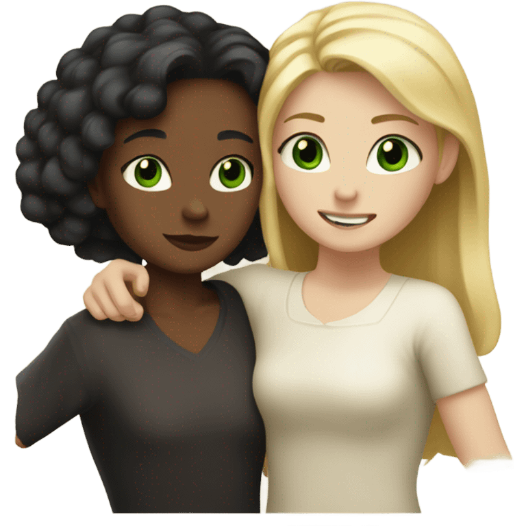 A pale girl with blonde hair green eyes  hugging a brown girl with black hair and brown eyes emoji