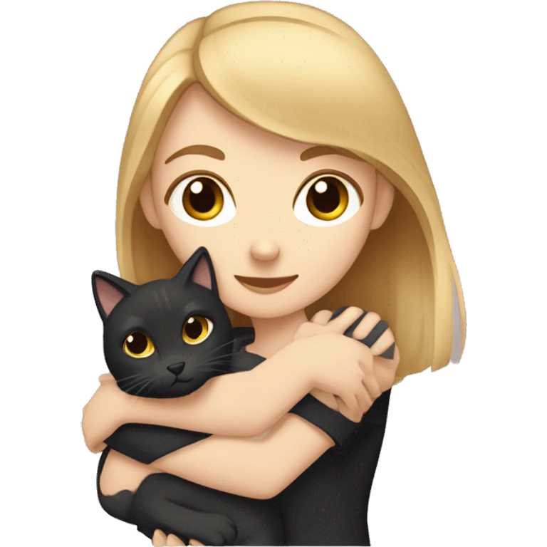 pale girl with brown hair and black eyes hugging a dark blonde  cat emoji