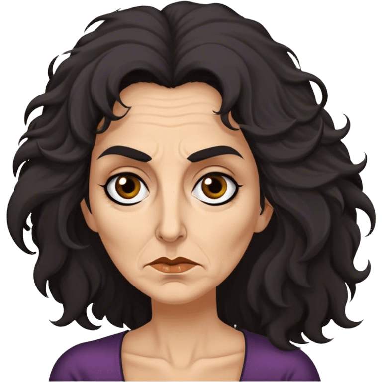 Mirri Maz Duur is a weathered, age 50 woman with deep-set dark eyes, high cheekbones, and a sharp nose, giving her a stern, knowing expression. Her long, unkempt dark frizzy hair  falls loosely over her shoulders emoji