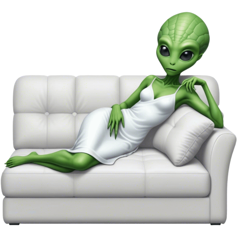 hyper-realistic reptilian green alien woman, in white dress, lie on couch comfy, full figure emoji