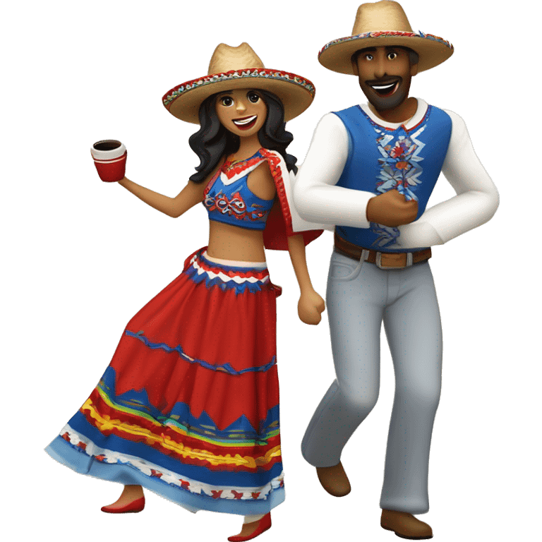 pareja de hombre y mujer bailando danza folcórica chilena llamada cueca. El hombre usa sombrero de huaso y poncho con colores cafés y la mujer usa vestido blanco con detalles rojos y azules emoji