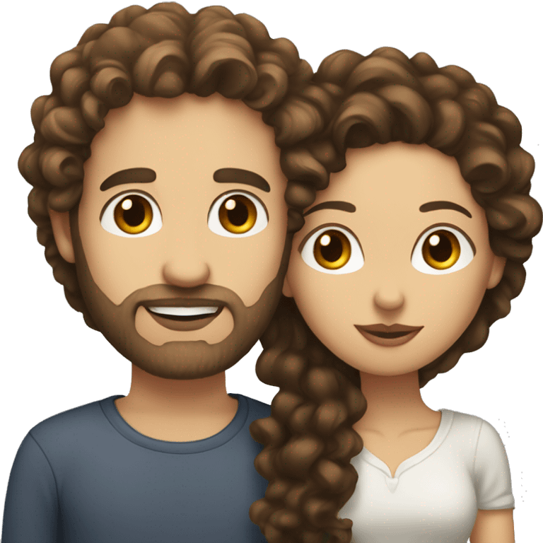 White woman with long dark brown curly hair kissing white man with brown hair and stubble emoji