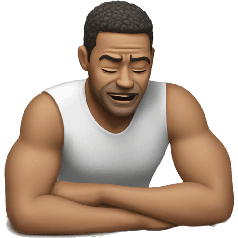 A men place palm in jaw and elbow on table emoji