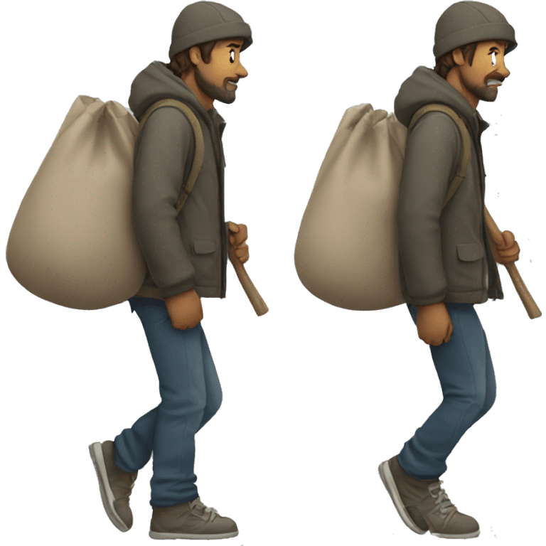 homeless man carrying a stick over his shoulder with a bag on the end emoji