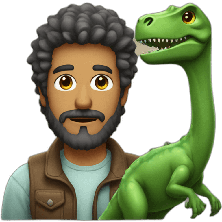 hombre de pelo castaño con barba, y ojos verdes Junto a un dinosaurio emoji