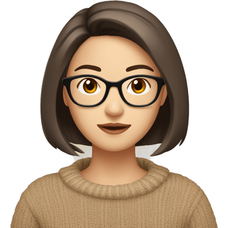 a young pretty asian woman, brown short hair, brown eyes, beige and dark red knit sweater, textured bob, asian,glasses emoji