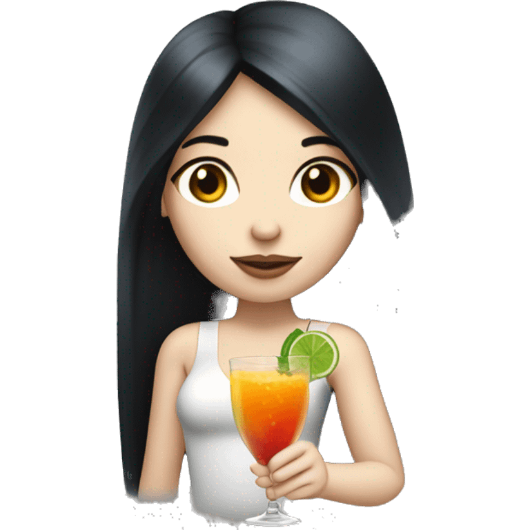 Pale girl with long black hair with chest holding cocktail emoji