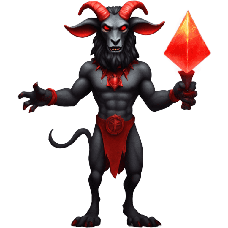 Evil Goatman male Devil sinister with red tipped horns standing with goat hind legs on pyramidal pillar  aura of darkness he is commanding emoji