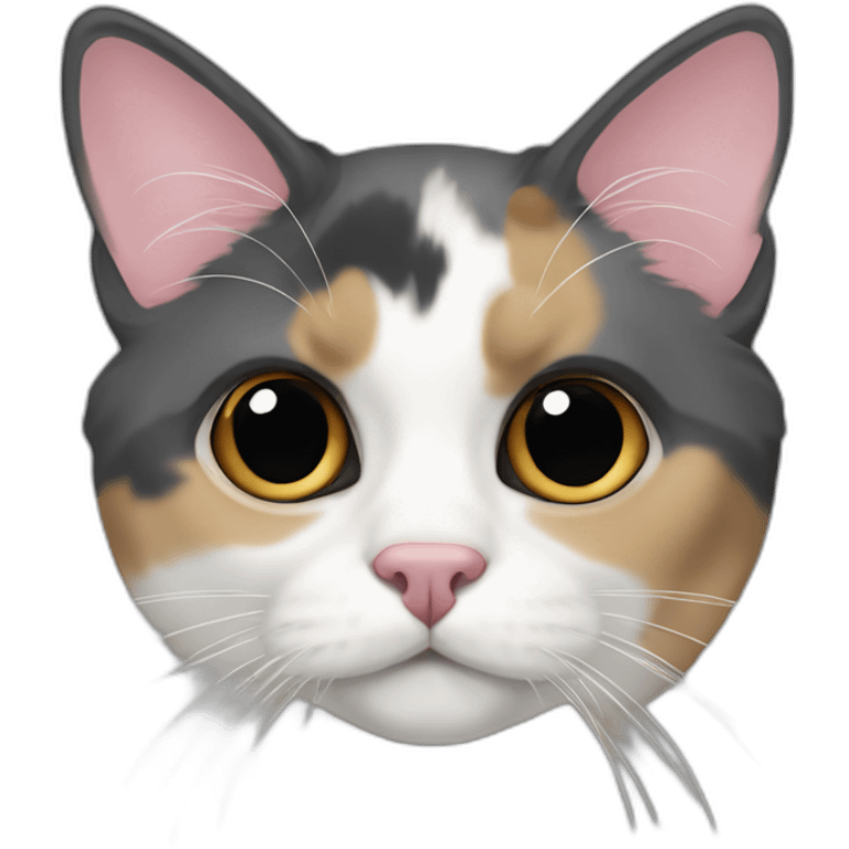 older diluted calico, white chin, black and pink nose, mostly dark grey with whiteish beige forehead emoji