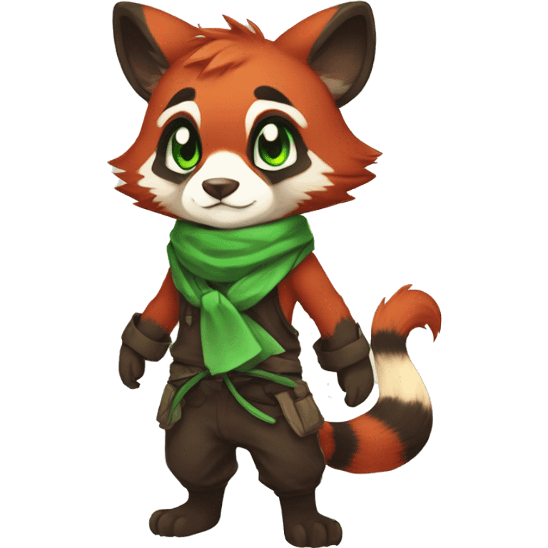 Cute, Chibi, Kemono-style, Anthro, Fur-Sona, Dark-Red, RedPanda-Mouse-hybrid-Transformice-Fakémon, with a green bandana, full body emoji