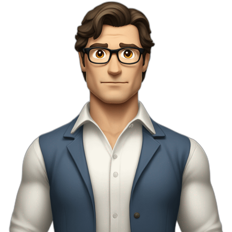 wide shot portrait of clark kent with high great-looking hair and casual white shirt no tie emoji