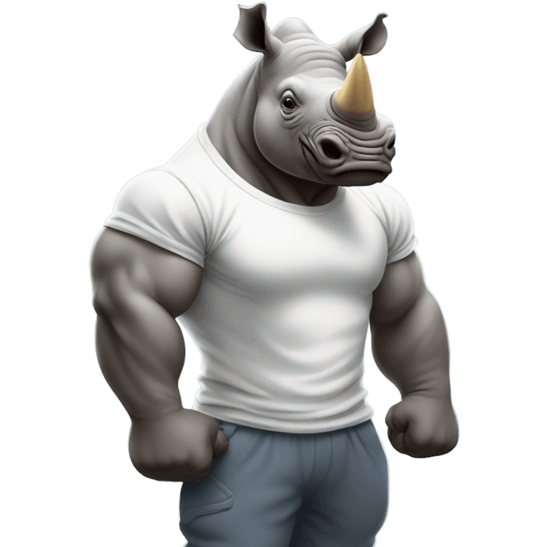 A rhino flexing his muscles with a t shirt and joggers emoji