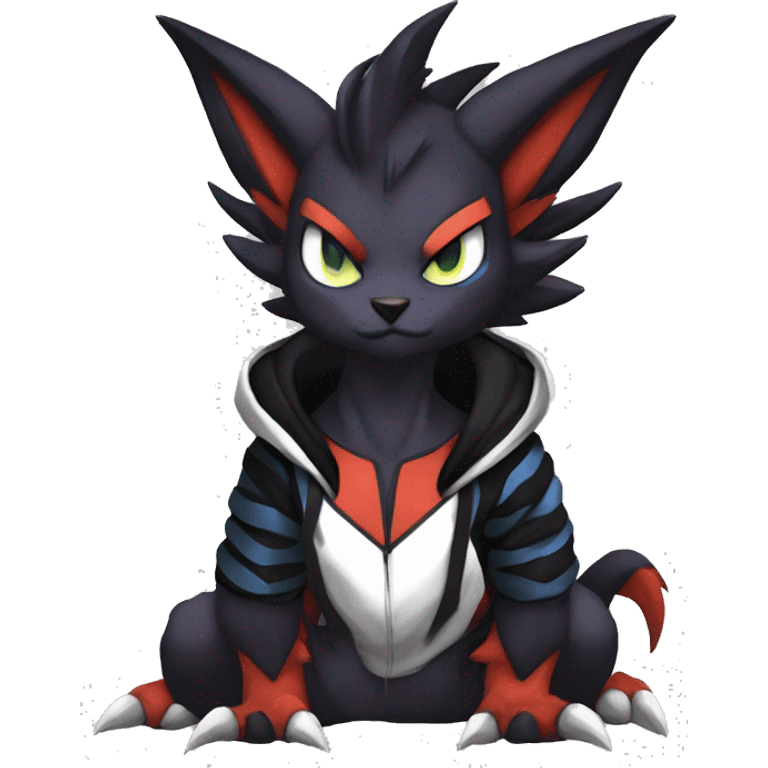 Cool Anthro Black Noivern-Absol-Litten-Pokémon with edgy stripes hoodie spiked collar punk Full Body emoji